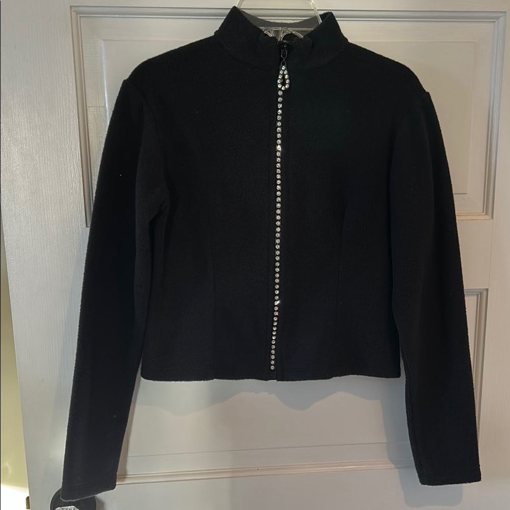 Black fleece warm up jacket with Rhinestone Zipper